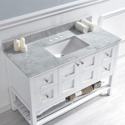 Woodbridge 49" White Carrara Marble Vanity Top With Single Undermount Sink and Pre-drilled 4" Widespread Faucet