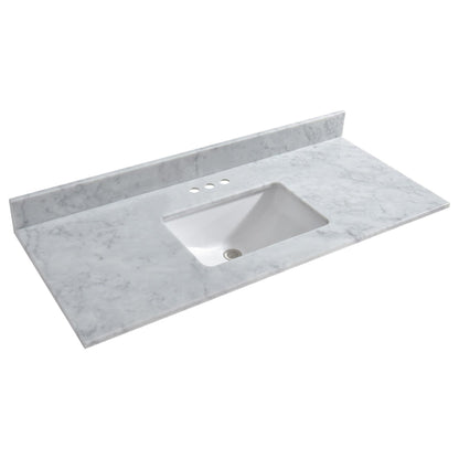 Woodbridge 49" White Carrara Marble Vanity Top With Single Undermount Sink and Pre-drilled 4" Widespread Faucet