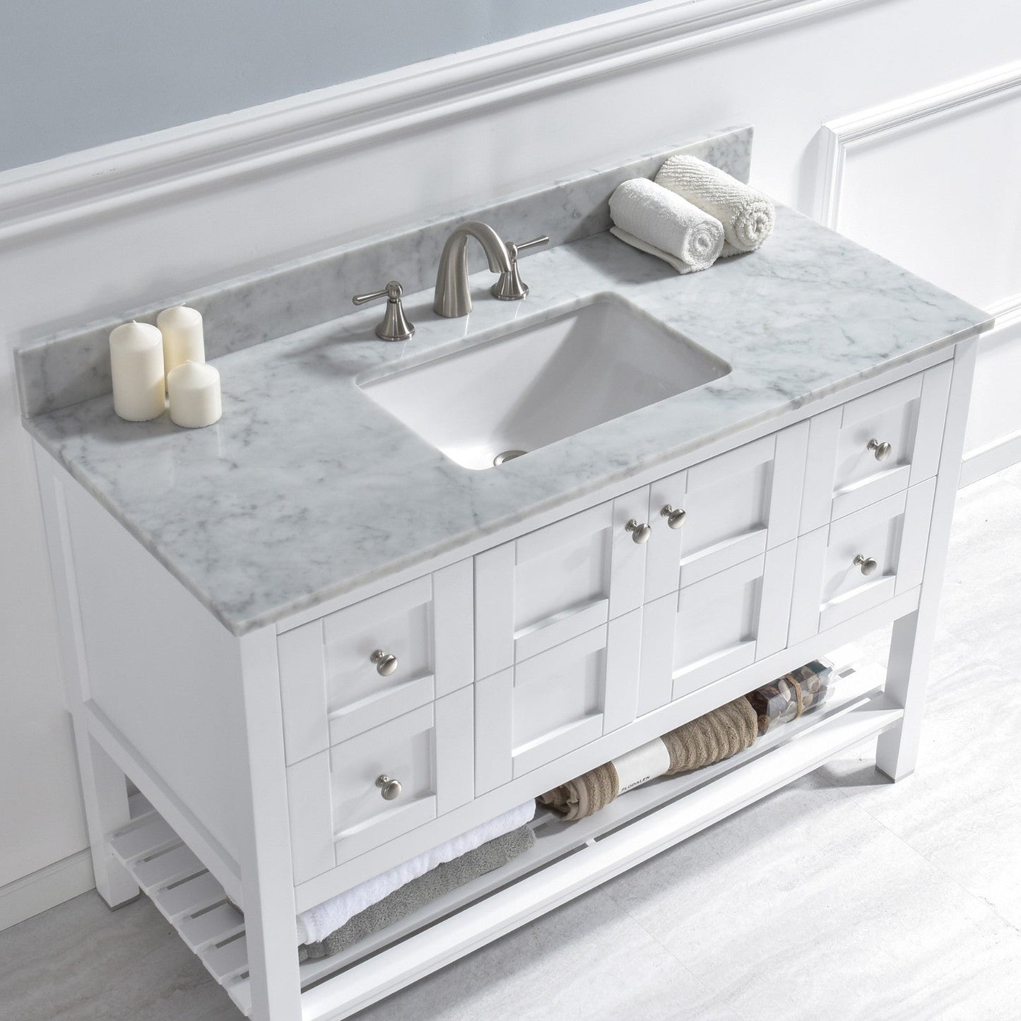 Woodbridge 49" White Carrara Marble Vanity Top With Single Undermount Sink and Pre-drilled 8" Widespread Faucet