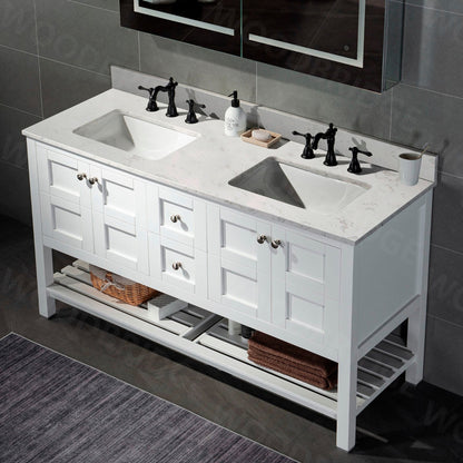 Woodbridge 61" White Carrara Engineered Stone Vanity Top With Double Undermount Sink and Pre-drilled 3-Hole for 8" Widespread Faucet