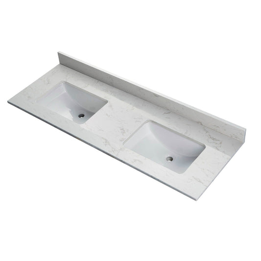 Woodbridge 61" White Carrara Engineered Stone Vanity Top With Double Undermount Sink and Pre-drilled 3-Hole for 8" Widespread Faucet