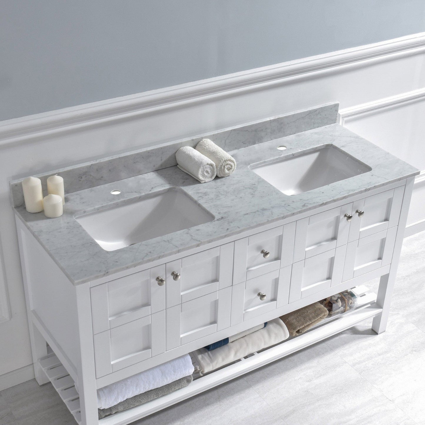 Woodbridge 61" White Carrara Marble Vanity Top With Double Undermount Sink and Pre-drilled Single Faucet Hole