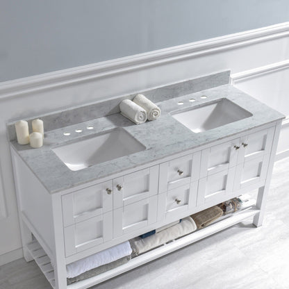 Woodbridge 61" White Carrara Marble Vanity Top With Double Undermount Sink and Pre-drilled for 4" Widespread Faucet