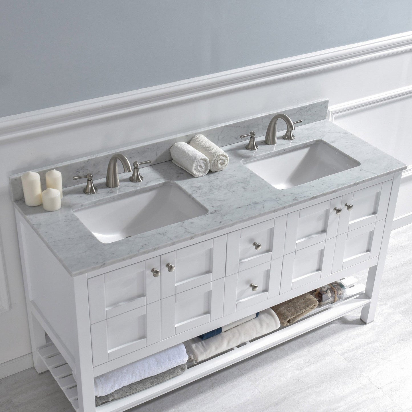 Woodbridge 61" White Natural Carrara Marble Vanity Top With Double Undermount Sink and Pre-drilled for 8" Widespread Faucet