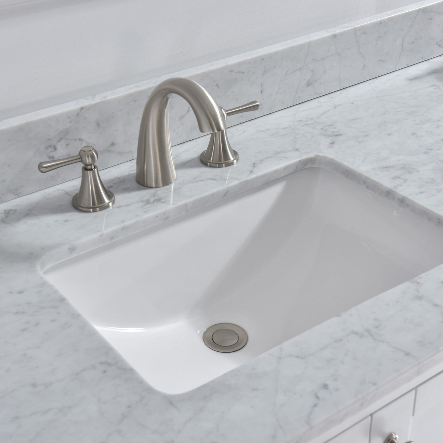 Woodbridge 61" White Natural Carrara Marble Vanity Top With Double Undermount Sink and Pre-drilled for 8" Widespread Faucet