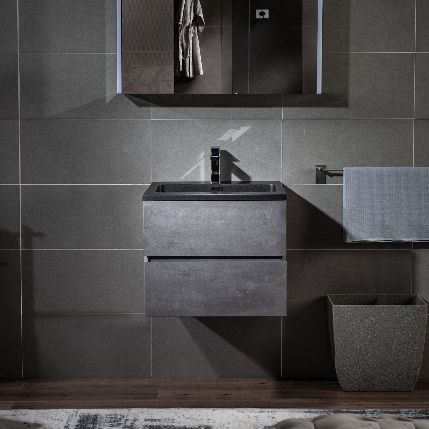 Woodbridge California 24" Gray Contemporary Wall Hung Floating Vanity and Black Quartz Sand Composite Vanity Top With Integrated Single Sink