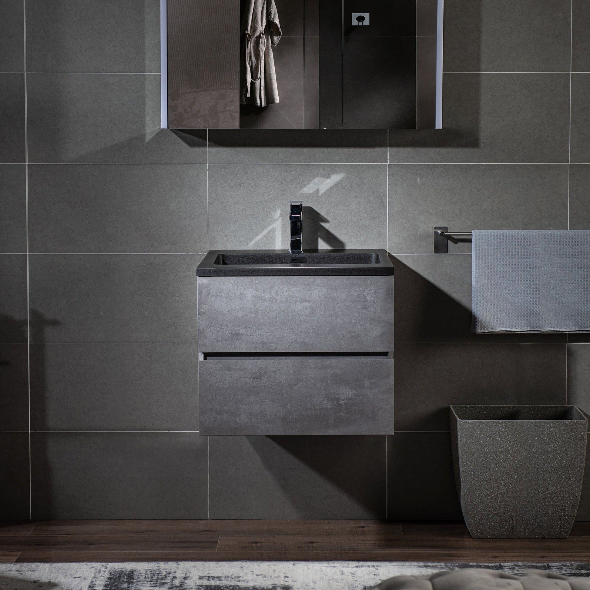 Woodbridge California 24" Gray Contemporary Wall Hung Floating Vanity and Black Quartz Sand Composite Vanity Top With Integrated Single Sink