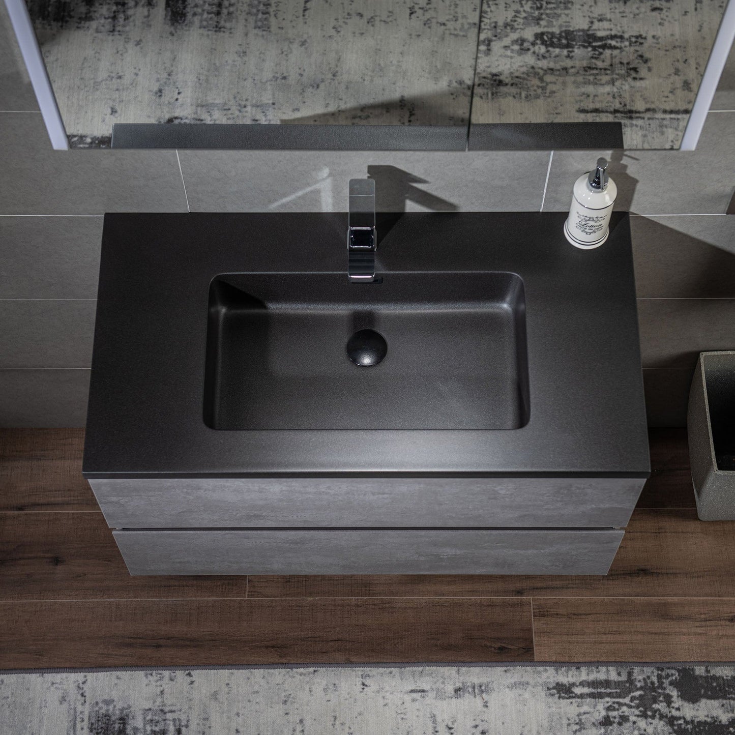 Woodbridge California 24" Gray Contemporary Wall Hung Floating Vanity and Black Quartz Sand Composite Vanity Top With Integrated Single Sink