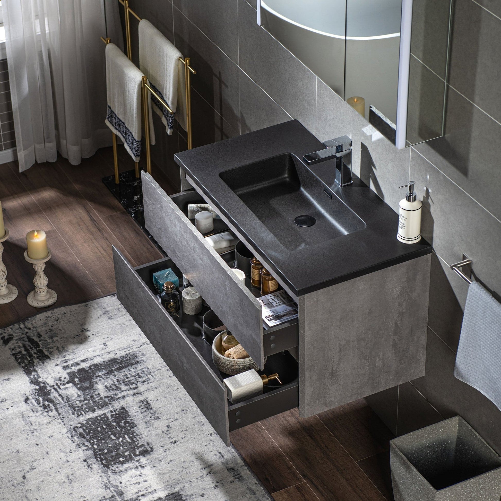 Woodbridge California 24" Gray Contemporary Wall Hung Floating Vanity and Black Quartz Sand Composite Vanity Top With Integrated Single Sink