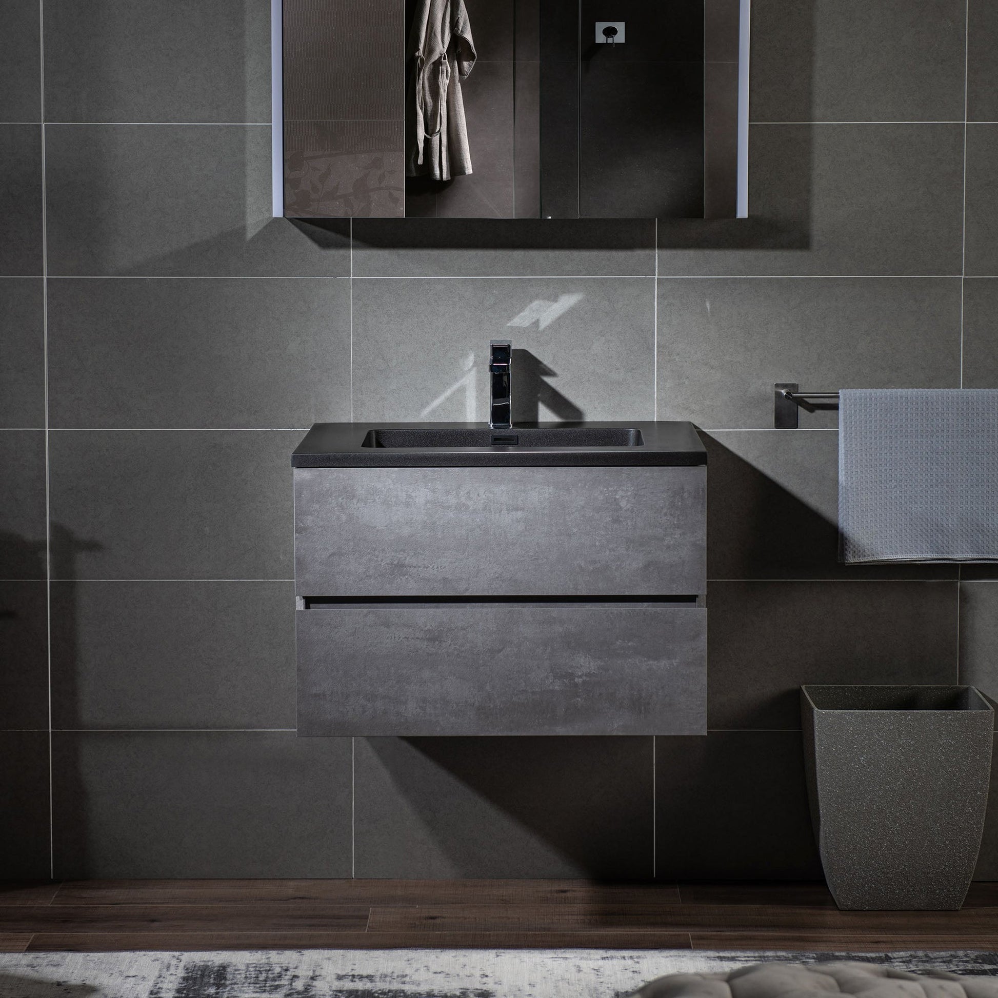 Woodbridge California Style 30" Gray Contemporary Wall Hung Floating Vanity and Black Quartz Sand Composite Vanity Top With Integrated Single Sink