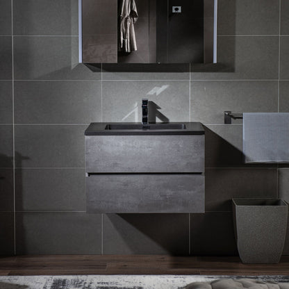 Woodbridge California Style 30" Gray Contemporary Wall Hung Floating Vanity and Black Quartz Sand Composite Vanity Top With Integrated Single Sink