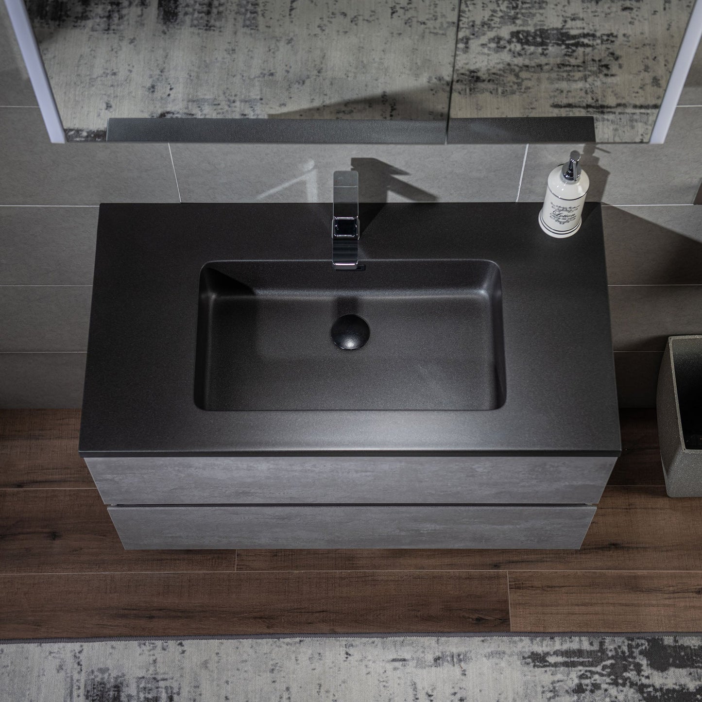 Woodbridge California Style 30" Gray Contemporary Wall Hung Floating Vanity and Black Quartz Sand Composite Vanity Top With Integrated Single Sink