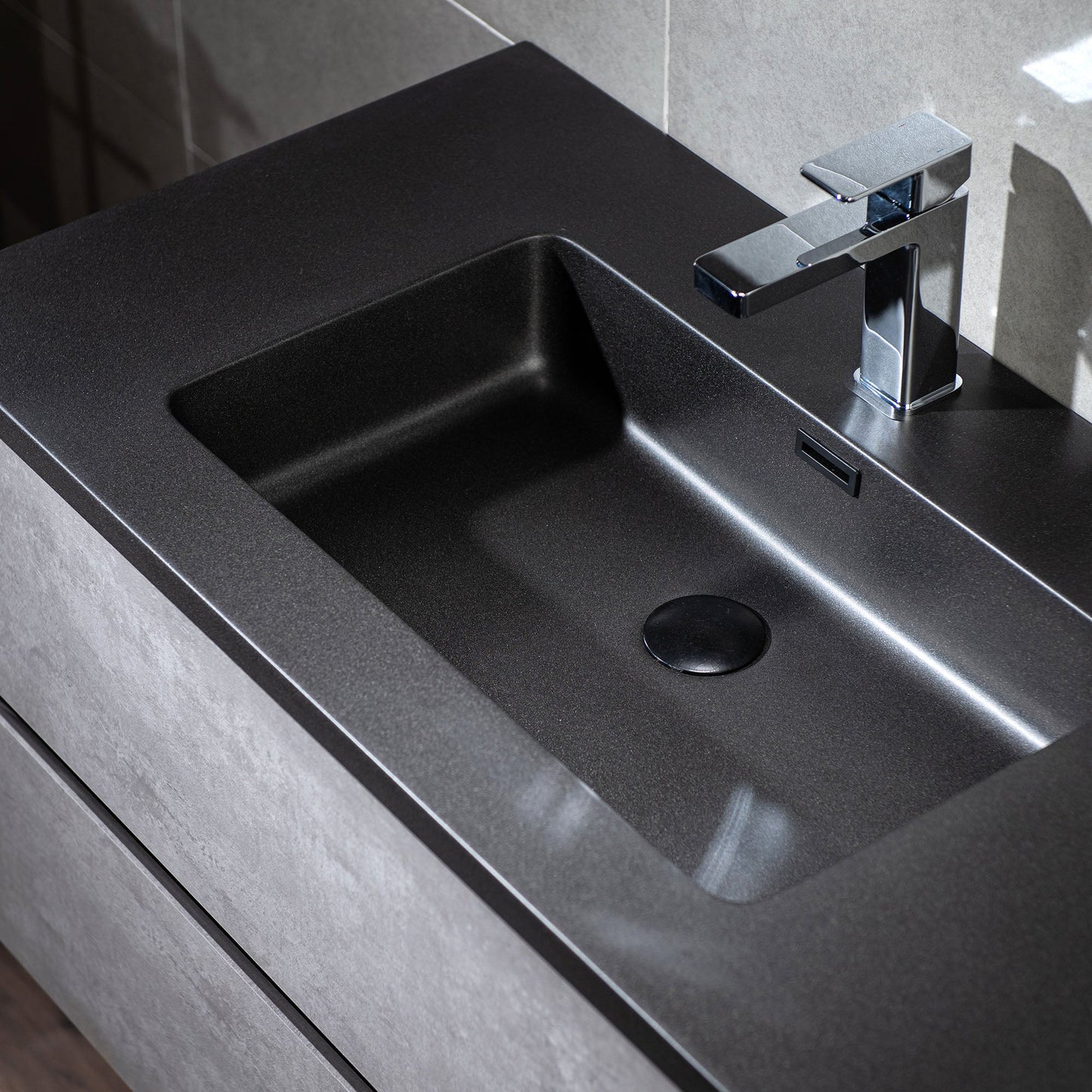 Woodbridge California Style 30" Gray Contemporary Wall Hung Floating Vanity and Black Quartz Sand Composite Vanity Top With Integrated Single Sink