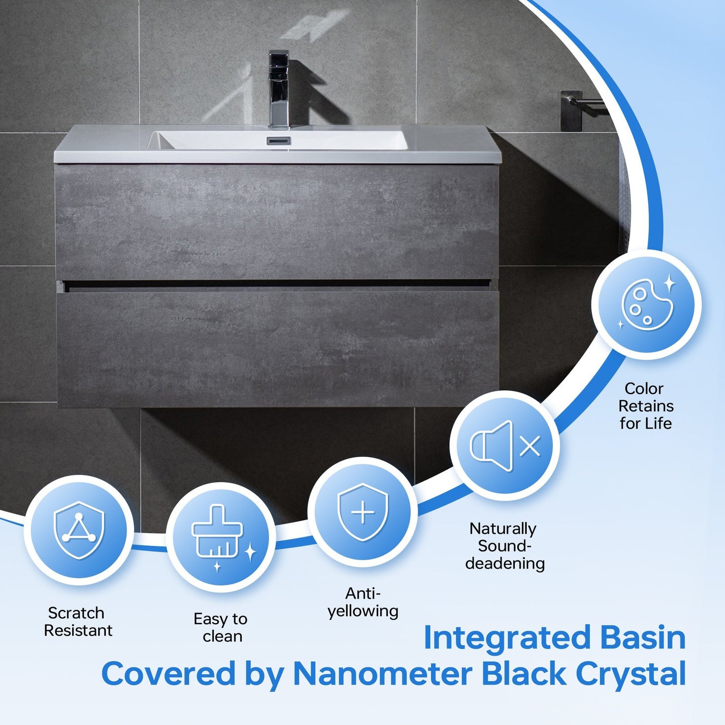 Woodbridge California Style 30" Gray Contemporary Wall Hung Floating Vanity and White Resin Composite Vanity Top With Integrated Single Sink