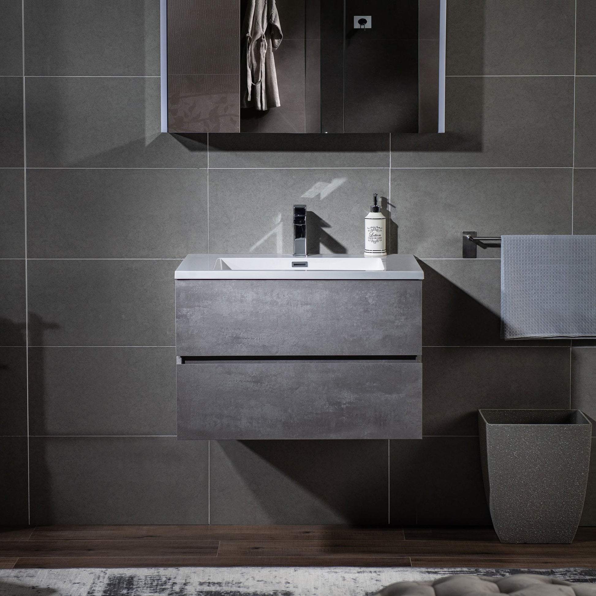 Woodbridge California Style 30" Gray Contemporary Wall Hung Floating Vanity and White Resin Composite Vanity Top With Integrated Single Sink