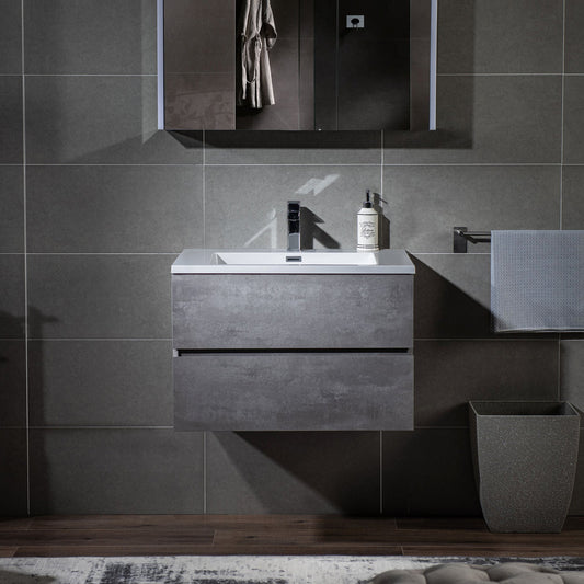 Woodbridge California Style 30" Gray Contemporary Wall Hung Floating Vanity and White Resin Composite Vanity Top With Integrated Single Sink