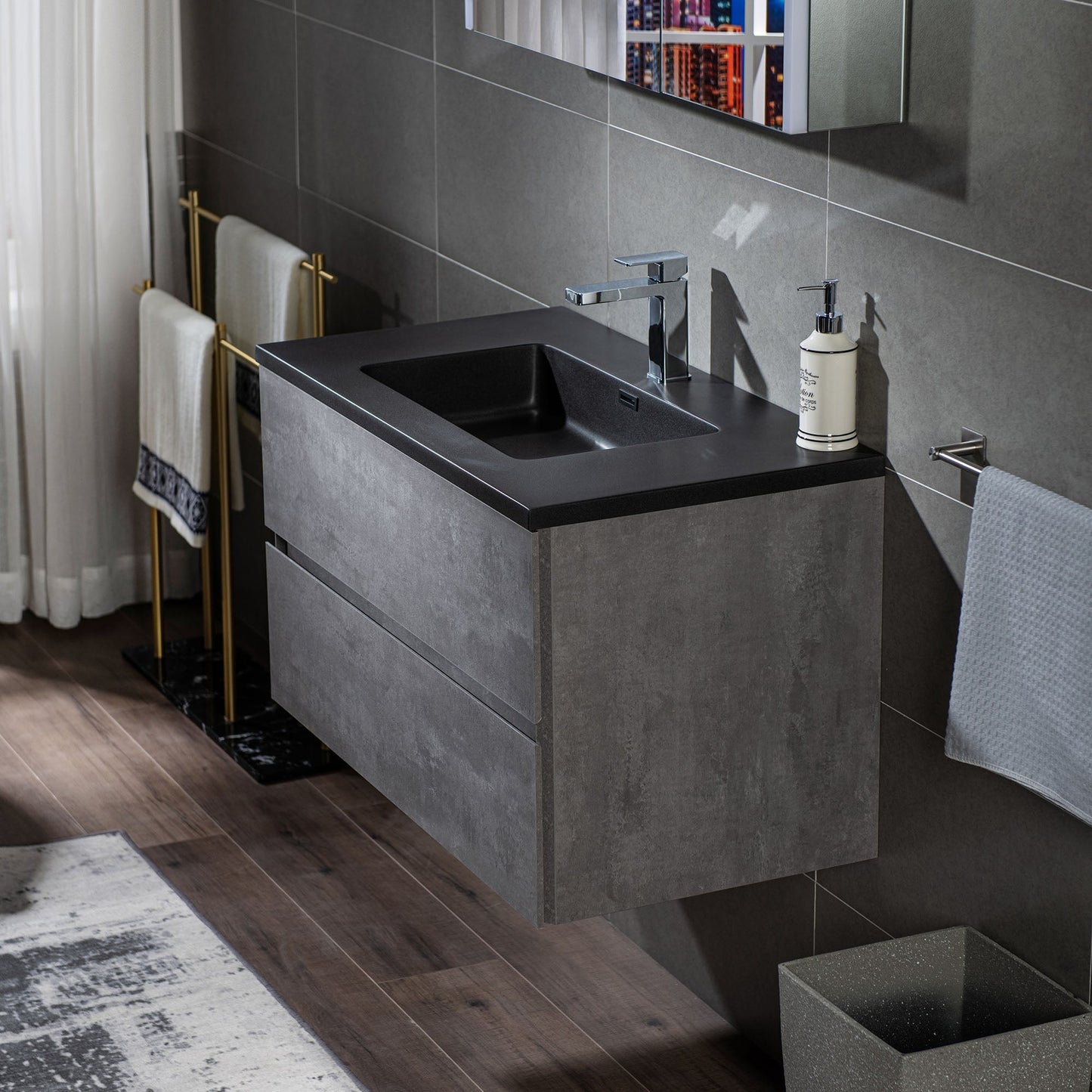 Woodbridge California Style 36" Gray Contemporary Wall Hung Floating Vanity and Black Quartz Sand Composite Vanity Top With Integrated Single Sink