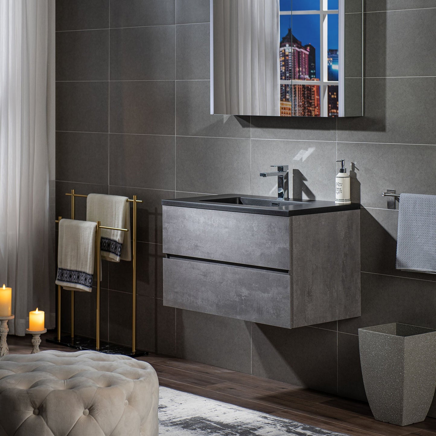 Woodbridge California Style 36" Gray Contemporary Wall Hung Floating Vanity and Black Quartz Sand Composite Vanity Top With Integrated Single Sink