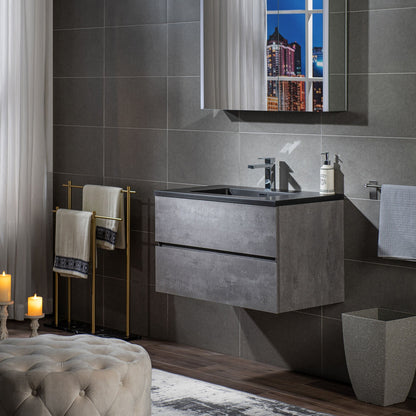 Woodbridge California Style 36" Gray Contemporary Wall Hung Floating Vanity and Black Quartz Sand Composite Vanity Top With Integrated Single Sink