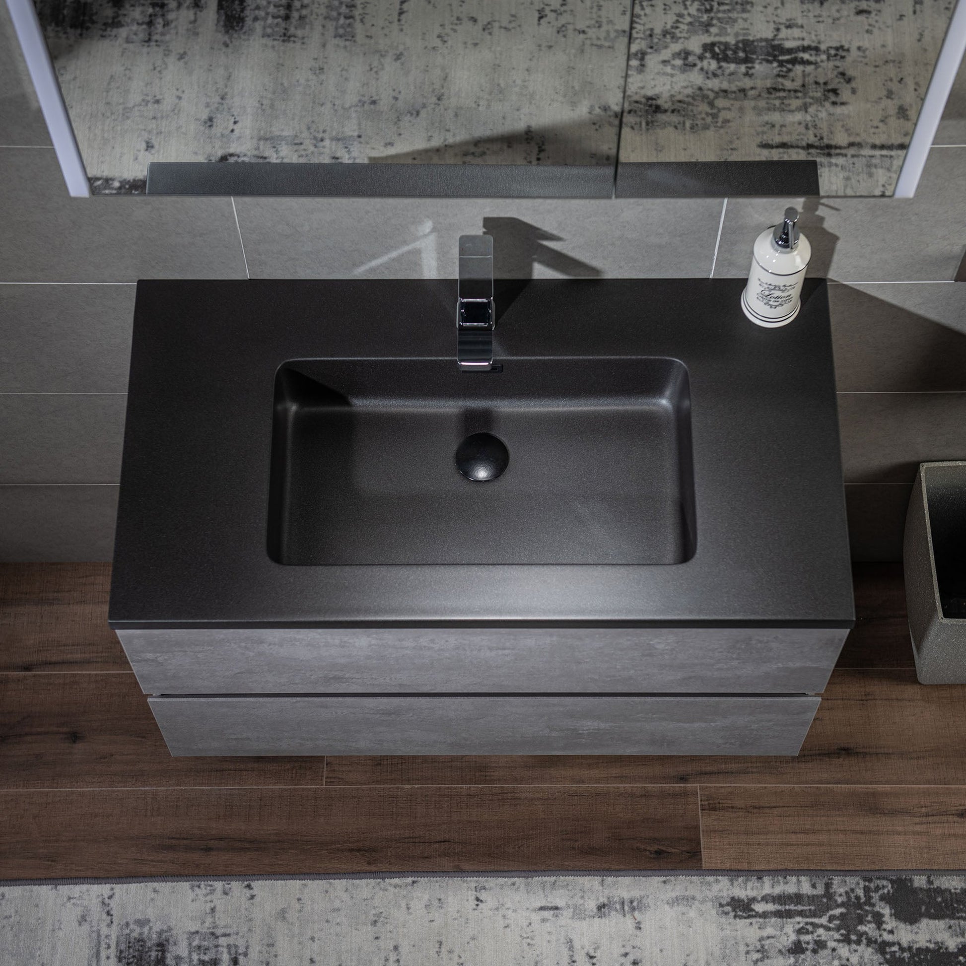 Woodbridge California Style 36" Gray Contemporary Wall Hung Floating Vanity and Black Quartz Sand Composite Vanity Top With Integrated Single Sink