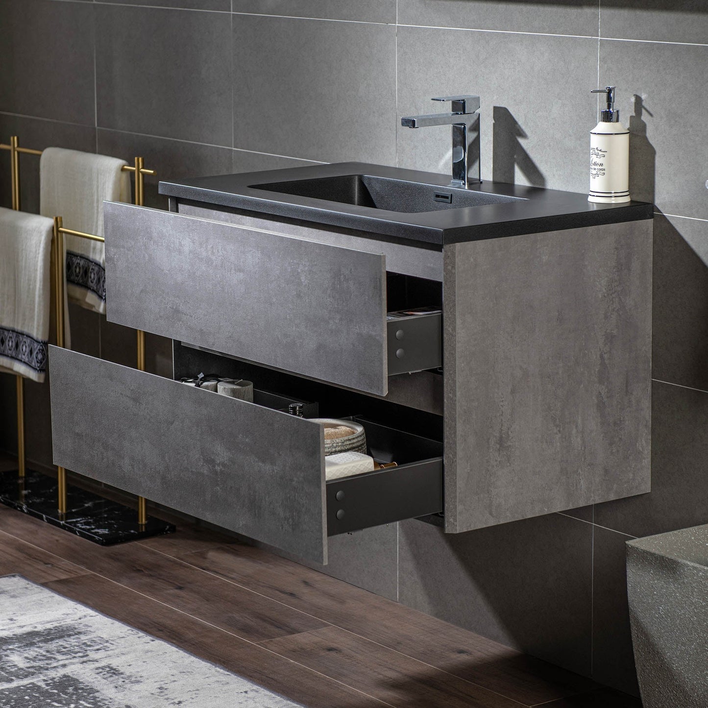 Woodbridge California Style 36" Gray Contemporary Wall Hung Floating Vanity and Black Quartz Sand Composite Vanity Top With Integrated Single Sink
