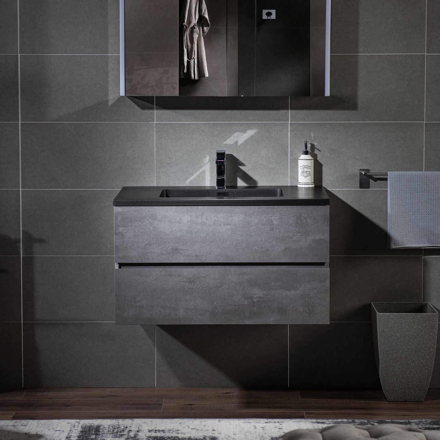 Woodbridge California Style 36" Gray Contemporary Wall Hung Floating Vanity and Black Quartz Sand Composite Vanity Top With Integrated Single Sink