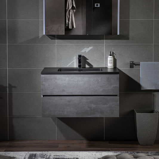 Woodbridge California Style 36" Gray Contemporary Wall Hung Floating Vanity and Black Quartz Sand Composite Vanity Top With Integrated Single Sink