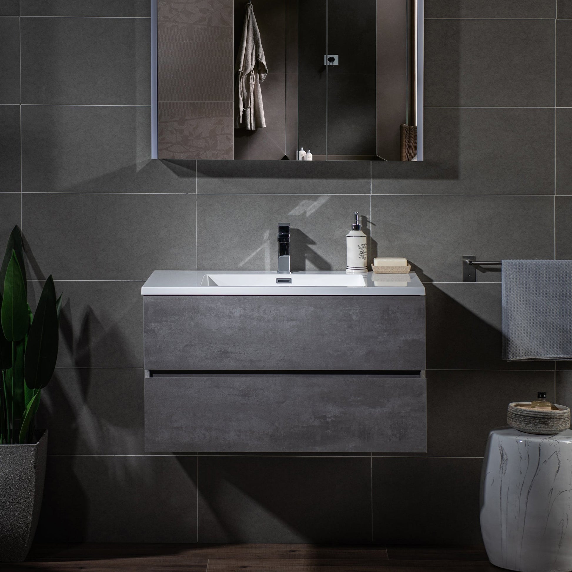 Woodbridge California Style 36" Gray Contemporary Wall Hung Floating Vanity and White Resin Composite Vanity Top With Integrated Single Sink