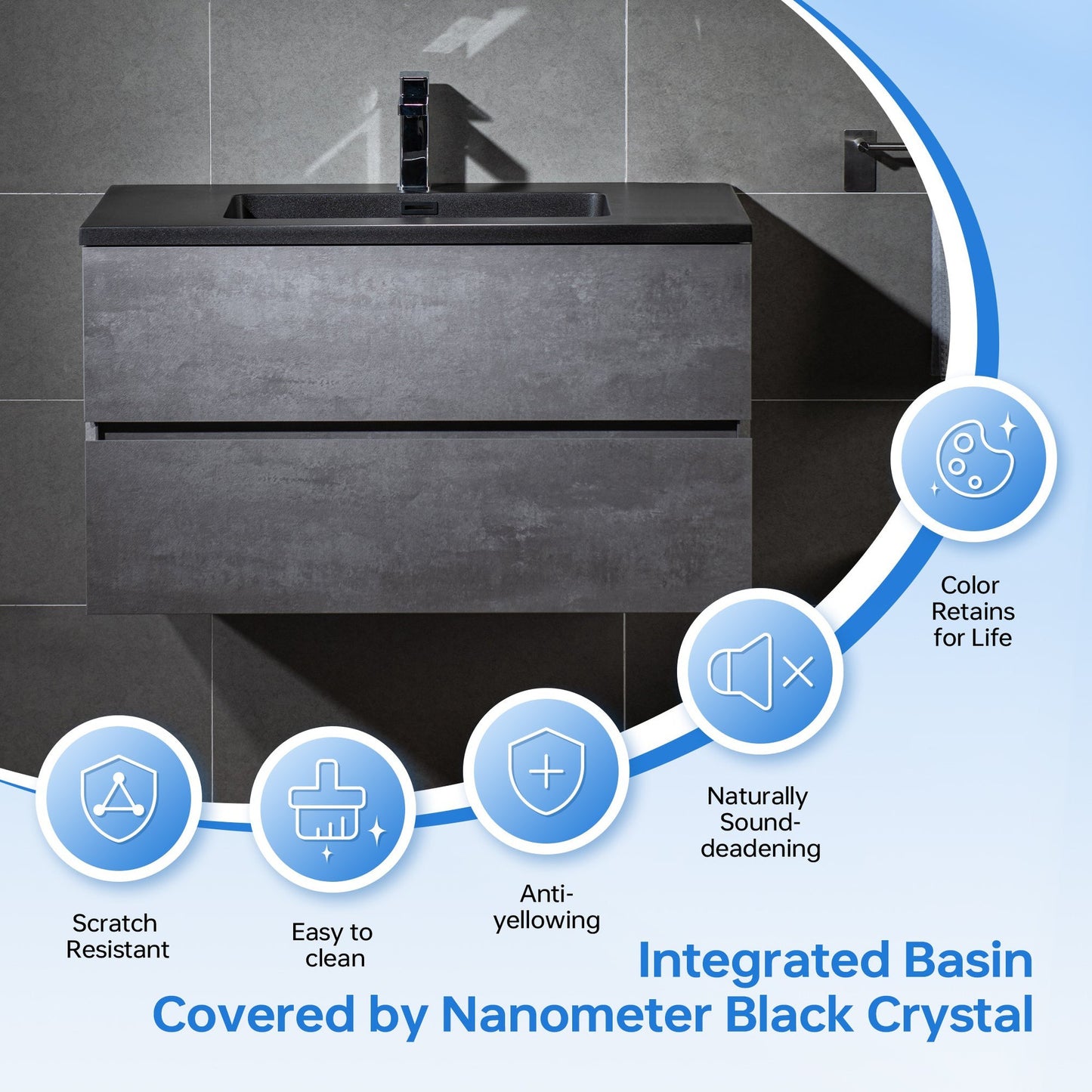 Woodbridge California Style 48" Gray Contemporary Wall Hung Floating Vanity and Black Quartz Sand Composite Vanity Top With Integrated Single Sink