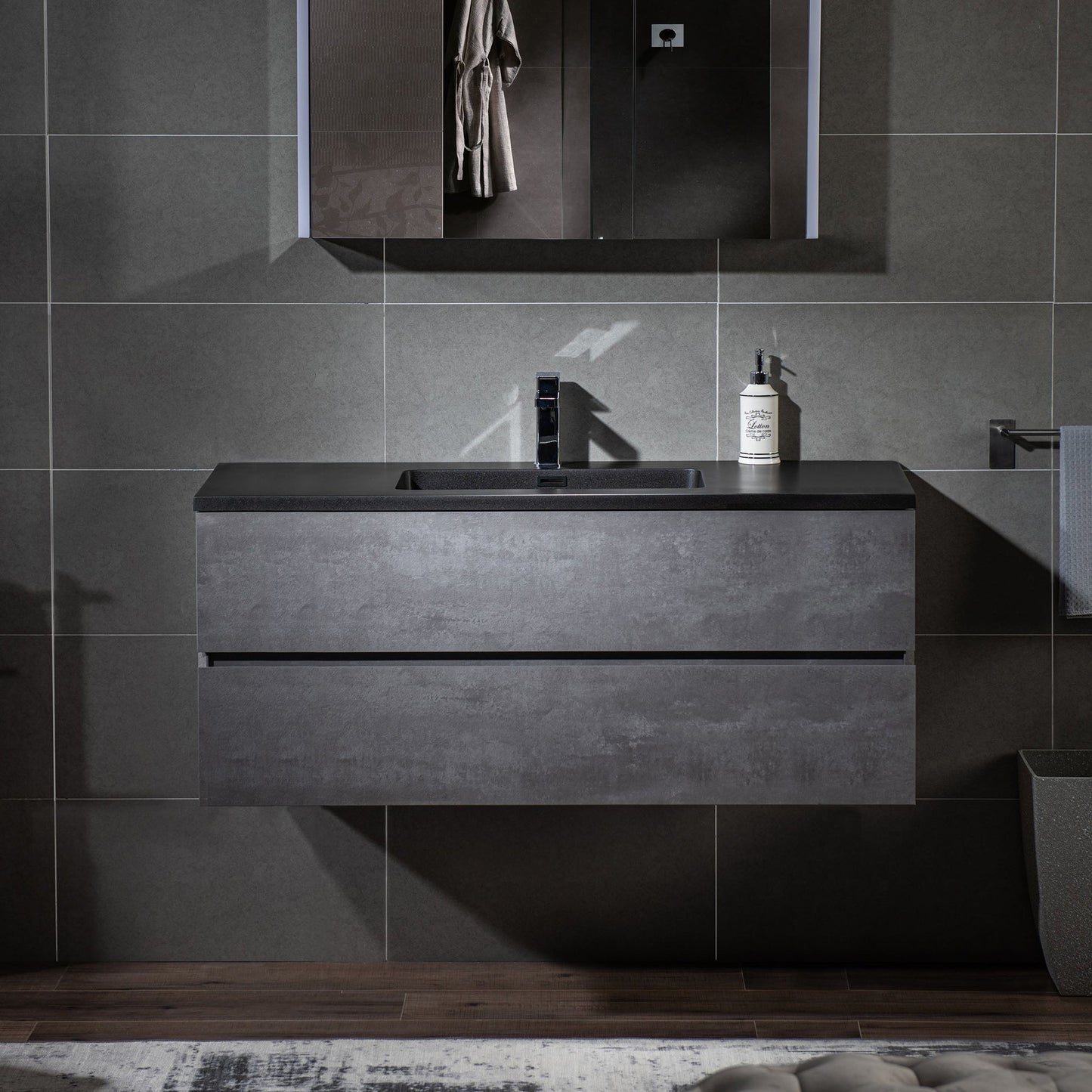 Woodbridge California Style 48" Gray Contemporary Wall Hung Floating Vanity and Black Quartz Sand Composite Vanity Top With Integrated Single Sink