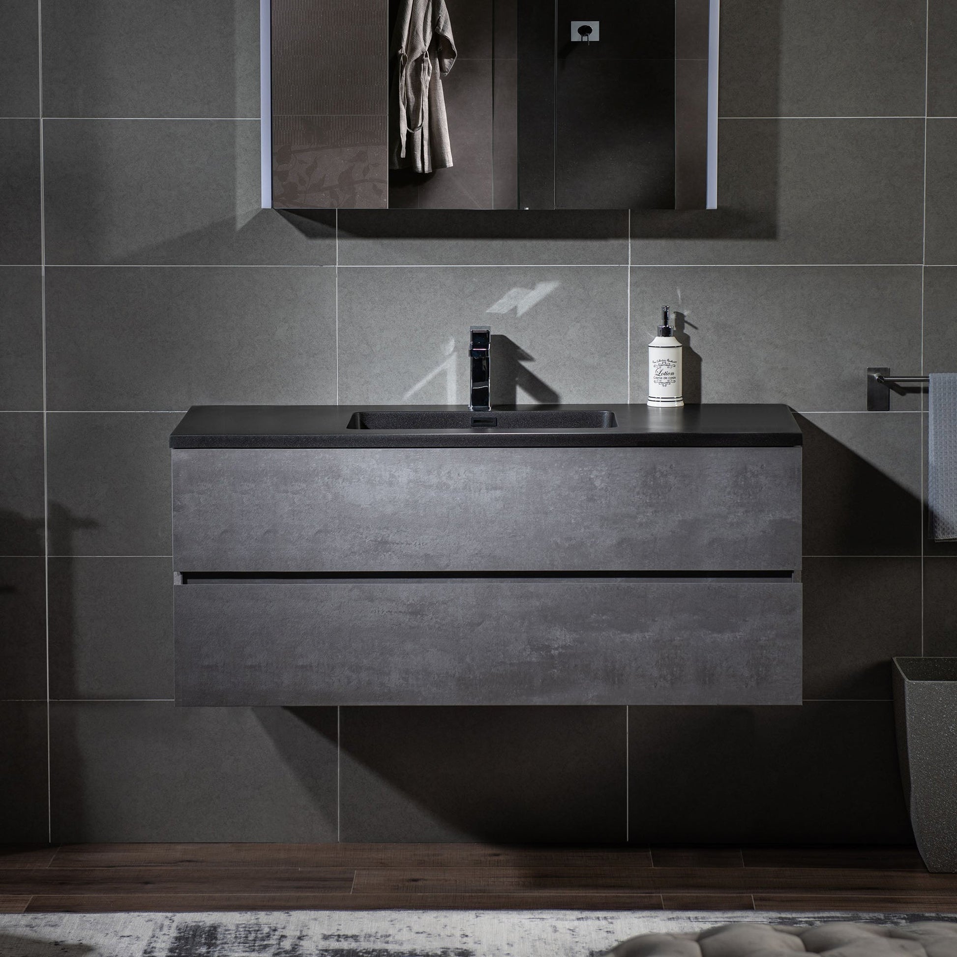 Woodbridge California Style 48" Gray Contemporary Wall Hung Floating Vanity and Black Quartz Sand Composite Vanity Top With Integrated Single Sink