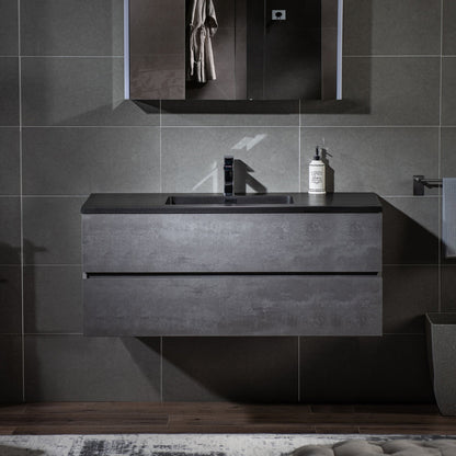 Woodbridge California Style 48" Gray Contemporary Wall Hung Floating Vanity and Black Quartz Sand Composite Vanity Top With Integrated Single Sink