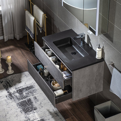 Woodbridge California Style 48" Gray Contemporary Wall Hung Floating Vanity and Black Quartz Sand Composite Vanity Top With Integrated Single Sink