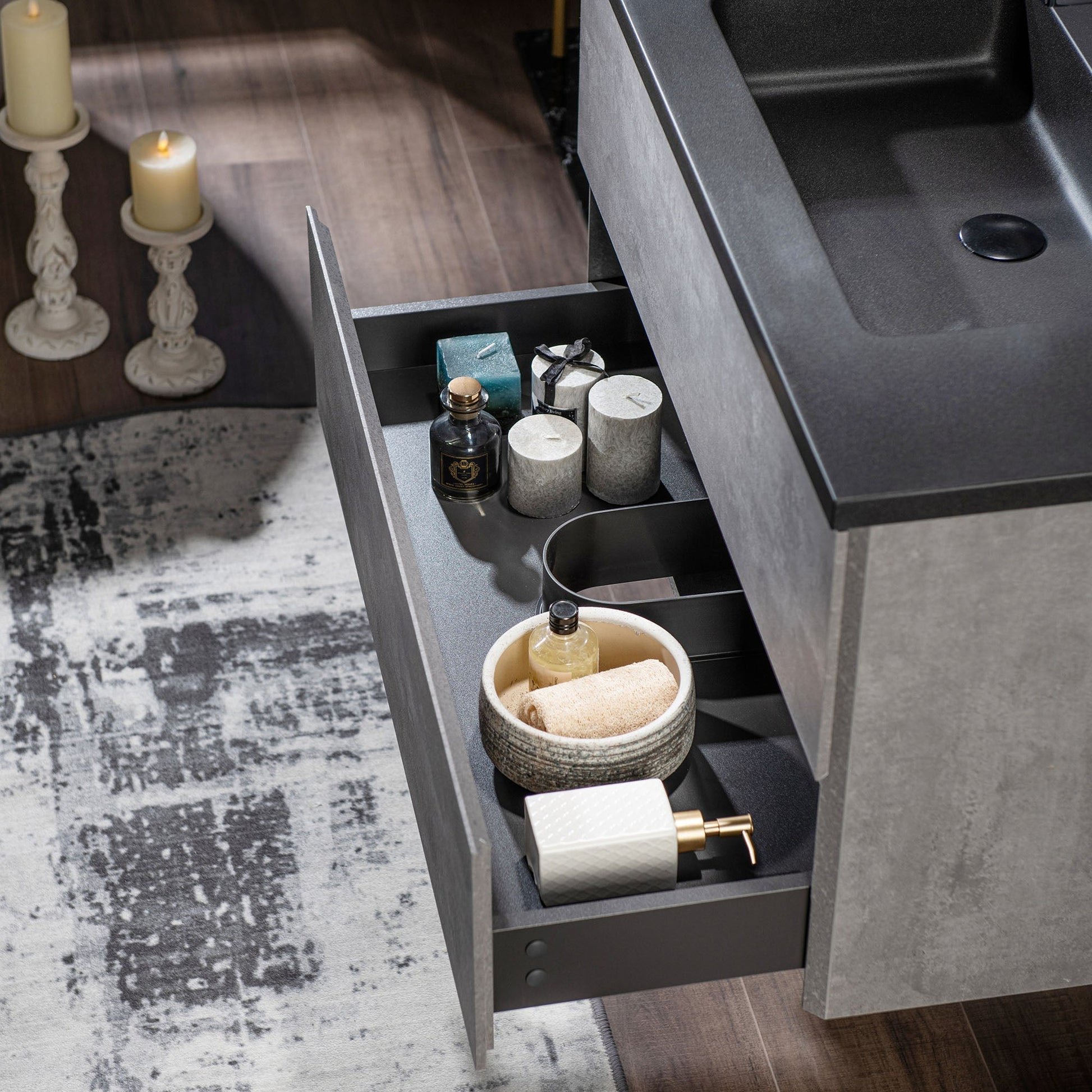 Woodbridge California Style 48" Gray Contemporary Wall Hung Floating Vanity and Black Quartz Sand Composite Vanity Top With Integrated Single Sink