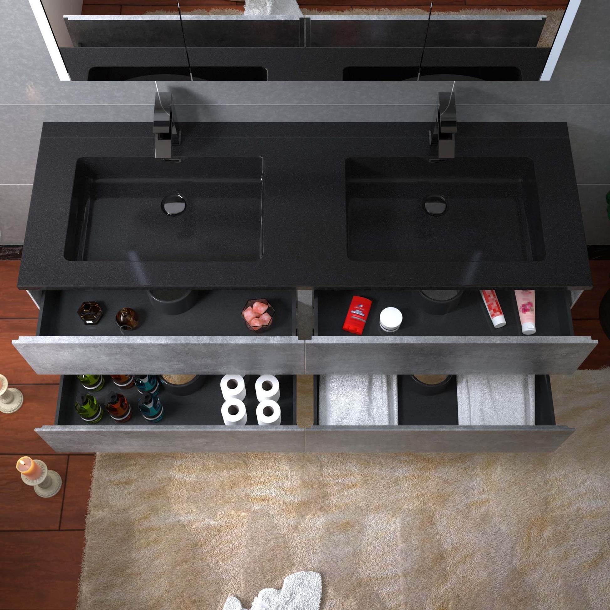 Woodbridge California Style 60" Gray Contemporary Wall Hung Floating Vanity and Black Quartz Sand Composite Vanity Top With Integrated Double Sink