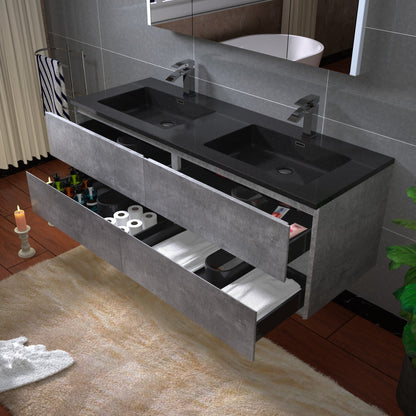 Woodbridge California Style 60" Gray Contemporary Wall Hung Floating Vanity and Black Quartz Sand Composite Vanity Top With Integrated Double Sink