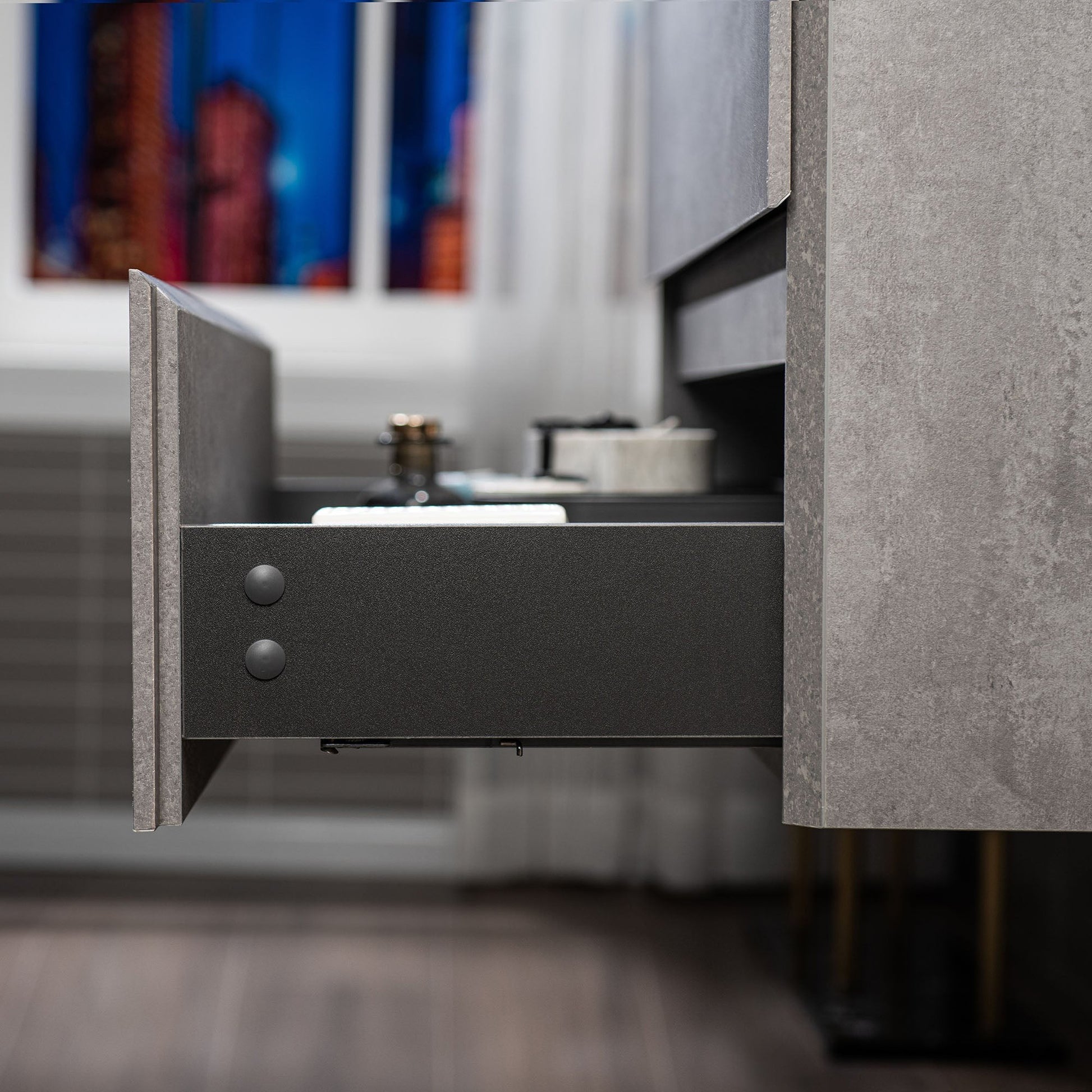 Woodbridge California Style 60" Gray Contemporary Wall Hung Floating Vanity and Black Quartz Sand Composite Vanity Top With Integrated Double Sink