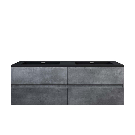Woodbridge California Style 60" Gray Contemporary Wall Hung Floating Vanity and Black Quartz Sand Composite Vanity Top With Integrated Double Sink