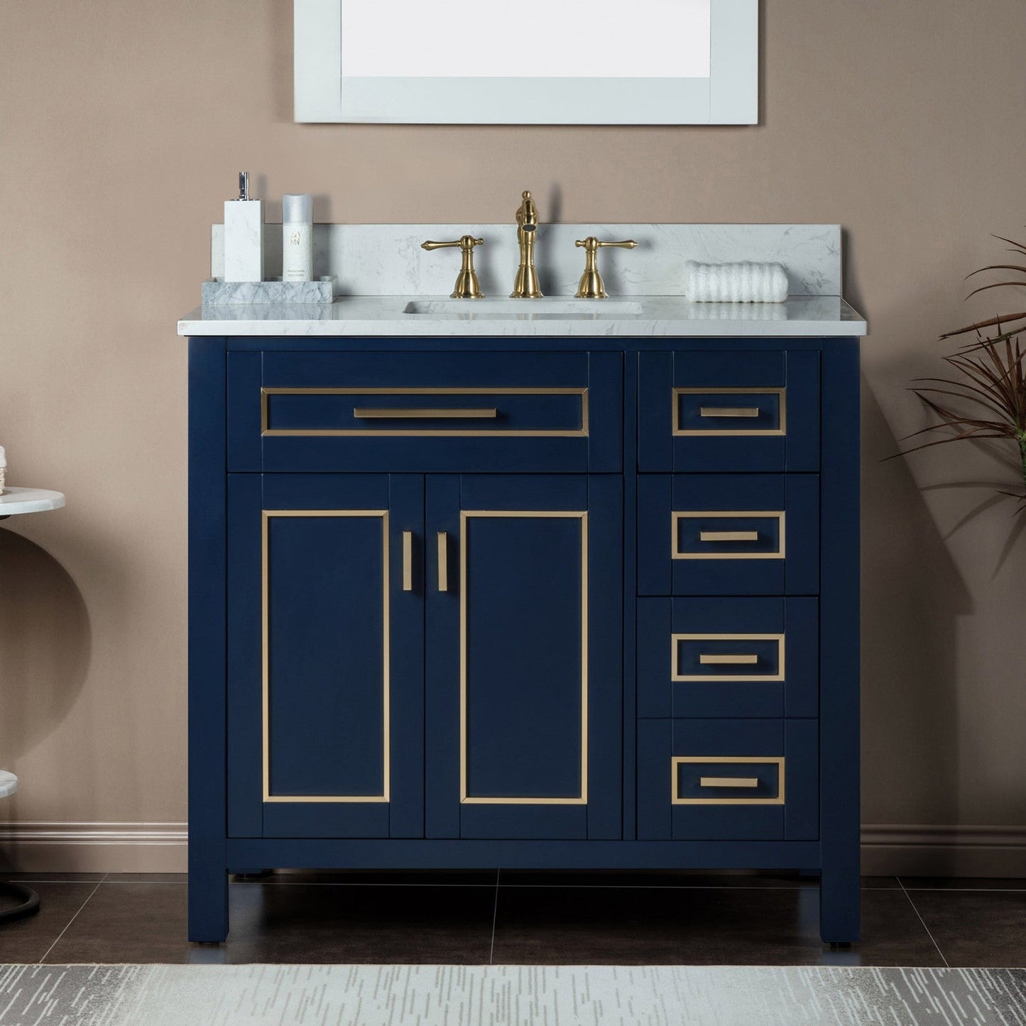 Woodbridge Milan 37" Navy Blue Solid Wood Vanity Base and Carrara White Engineered Stone Composite Top, Single Basin With Pre-Drilled Holes for 8" Widespread Faucet