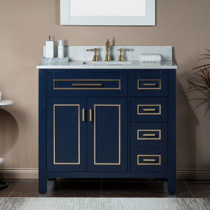 Woodbridge Milan 37" Navy Blue Solid Wood Vanity Base and Carrara White Engineered Stone Composite Top, Single Basin With Pre-Drilled Holes for 8" Widespread Faucet