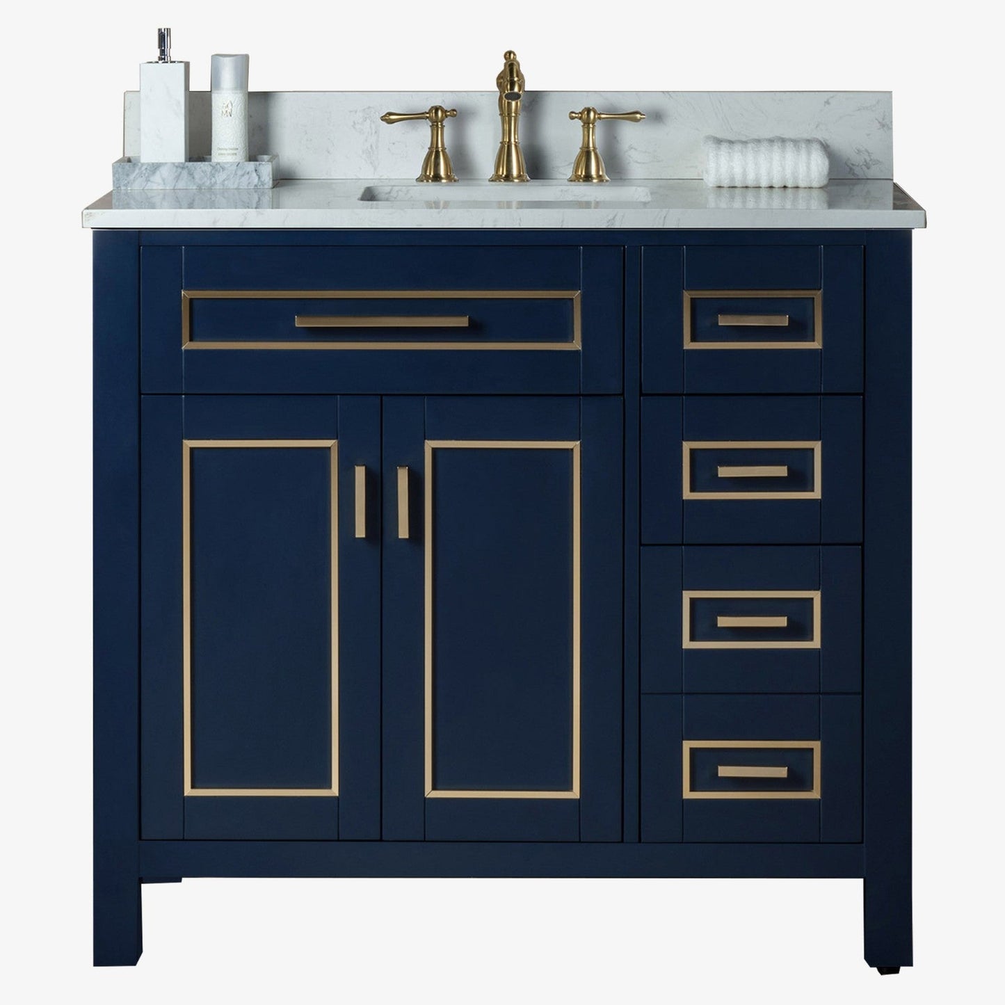 Woodbridge Milan 37" Navy Blue Solid Wood Vanity Base and Carrara White Engineered Stone Composite Top, Single Basin With Pre-Drilled Holes for 8" Widespread Faucet