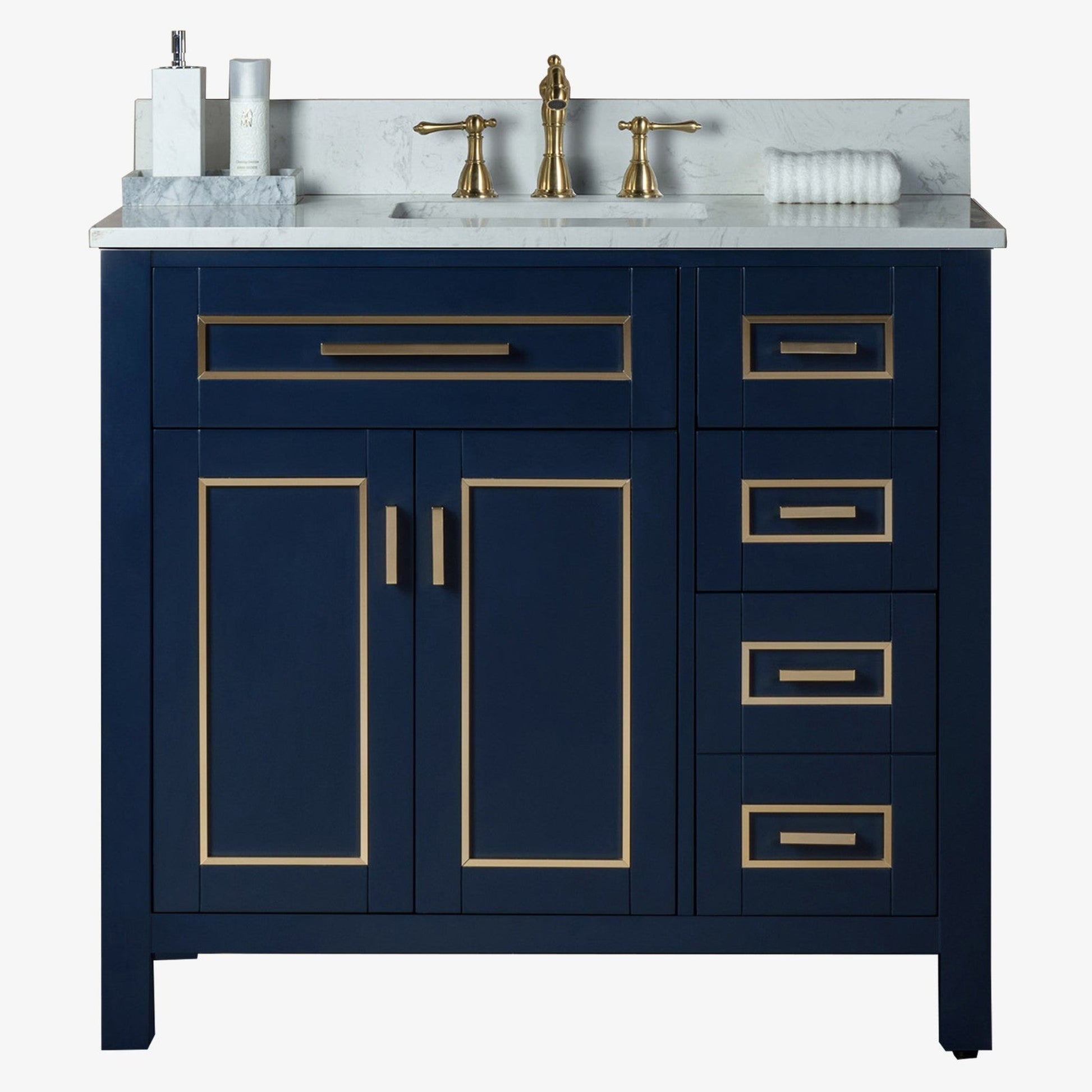 Woodbridge Milan 37" Navy Blue Solid Wood Vanity Base and Carrara White Engineered Stone Composite Top, Single Basin With Pre-Drilled Holes for 8" Widespread Faucet