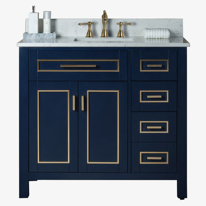 Woodbridge Milan 37" Navy Blue Solid Wood Vanity Base and Carrara White Engineered Stone Composite Top, Single Basin With Pre-Drilled Holes for 8" Widespread Faucet