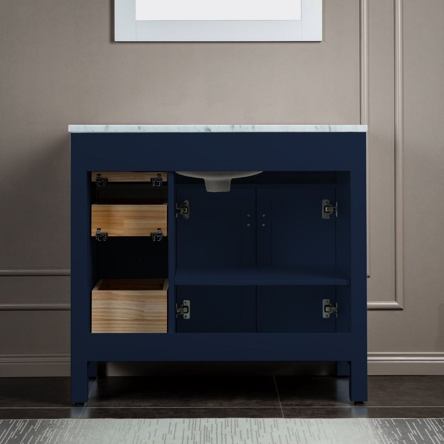 Woodbridge Milan 37" Navy Blue Solid Wood Vanity Base and Carrara White Marble Top, Single Basin With Pre-Drilled 3-Hole for 8" Widespread Faucet