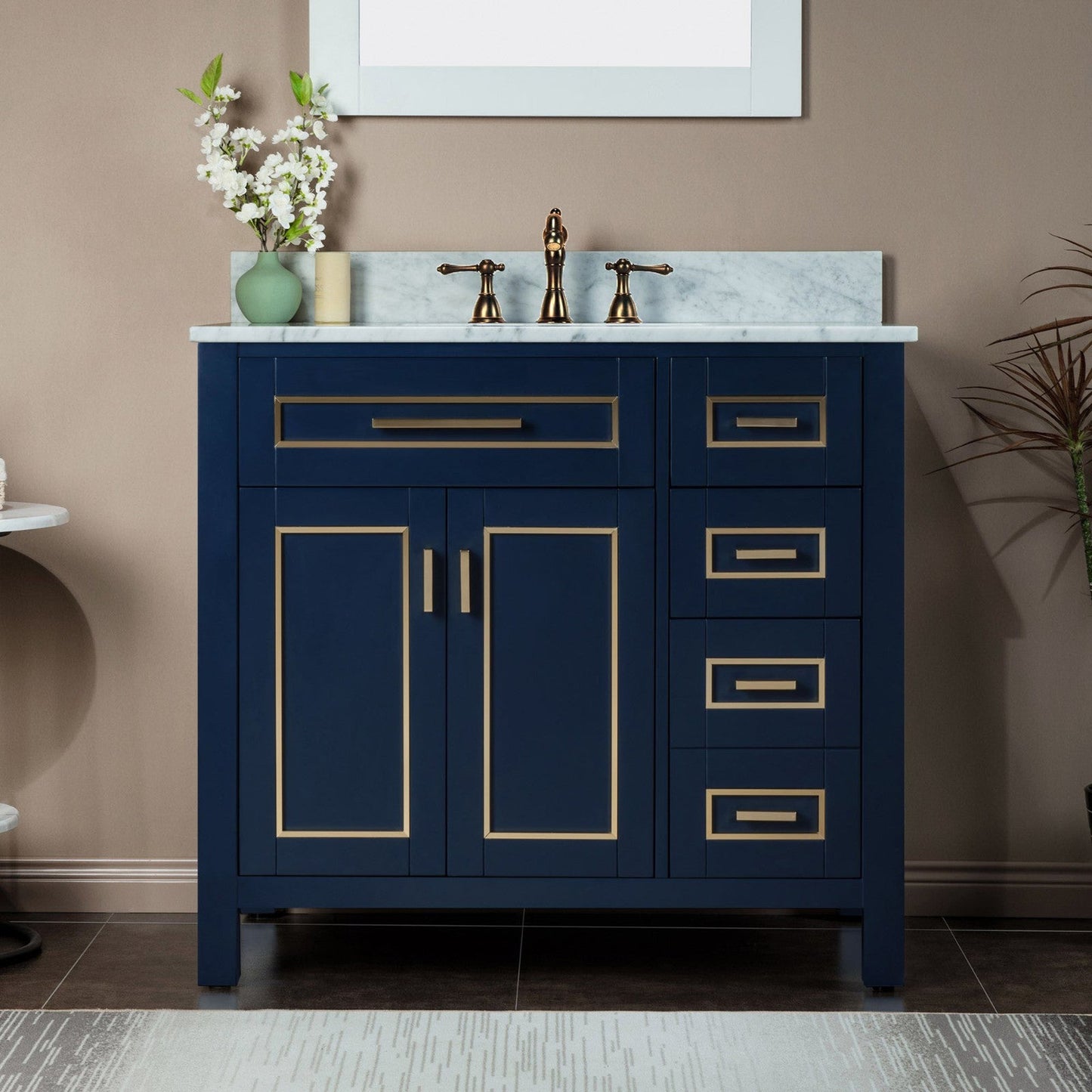 Woodbridge Milan 37" Navy Blue Solid Wood Vanity Base and Carrara White Marble Top, Single Basin With Pre-Drilled 3-Hole for 8" Widespread Faucet