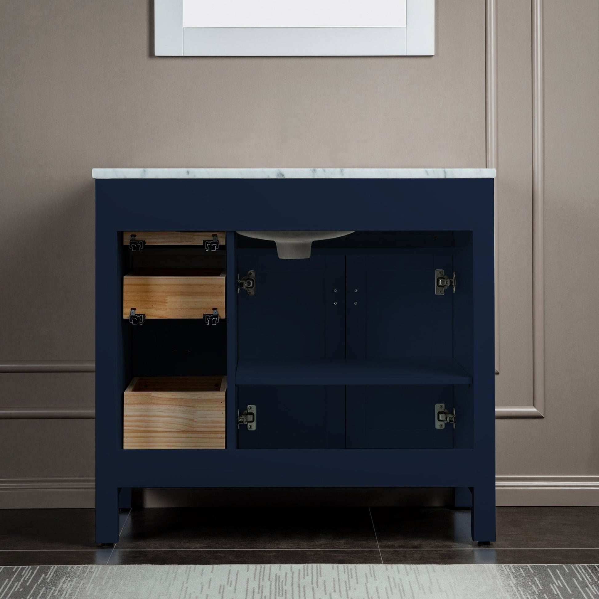 Woodbridge Milan 37" Navy Blue Solid Wood Vanity Base and Carrara White Marble Top, Single Basin With Pre-Drilled Single Faucet Hole