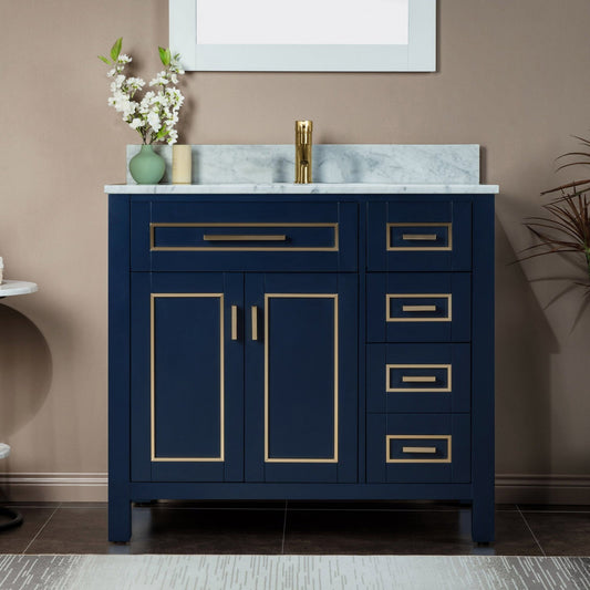 Woodbridge Milan 37" Navy Blue Solid Wood Vanity Base and Carrara White Marble Top, Single Basin With Pre-Drilled Single Faucet Hole