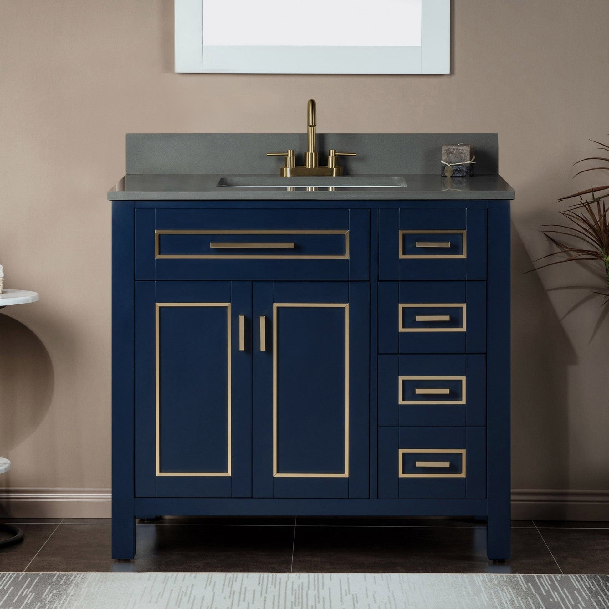 Woodbridge Milan 37" Navy Blue Solid Wood Vanity Base and Dark Gray Engineered Stone Composite Top, Single Basin With Pre-Drilled 3-Hole for 4" Centerset Faucet