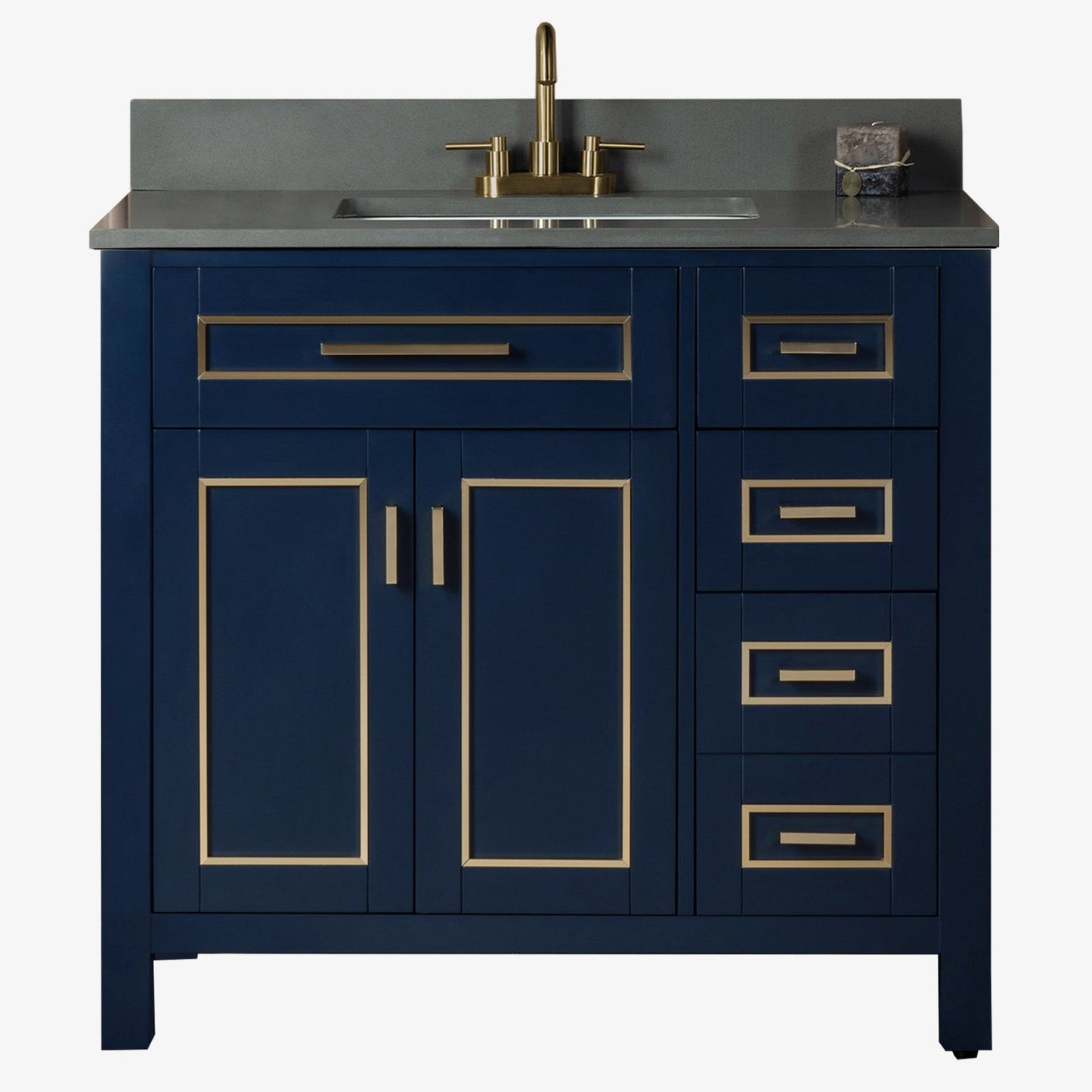 Woodbridge Milan 37" Navy Blue Solid Wood Vanity Base and Dark Gray Engineered Stone Composite Top, Single Basin With Pre-Drilled 3-Hole for 4" Centerset Faucet