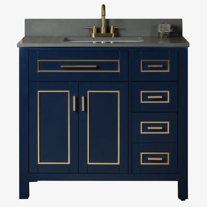 Woodbridge Milan 37" Navy Blue Solid Wood Vanity Base and Dark Gray Engineered Stone Composite Top, Single Basin With Pre-Drilled 3-Hole for 4" Centerset Faucet